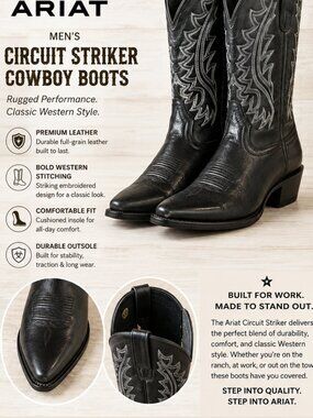 Ariat Men's Circuit Striker Western Cowboy Boots Black Leather  - Sz 10 D Medium